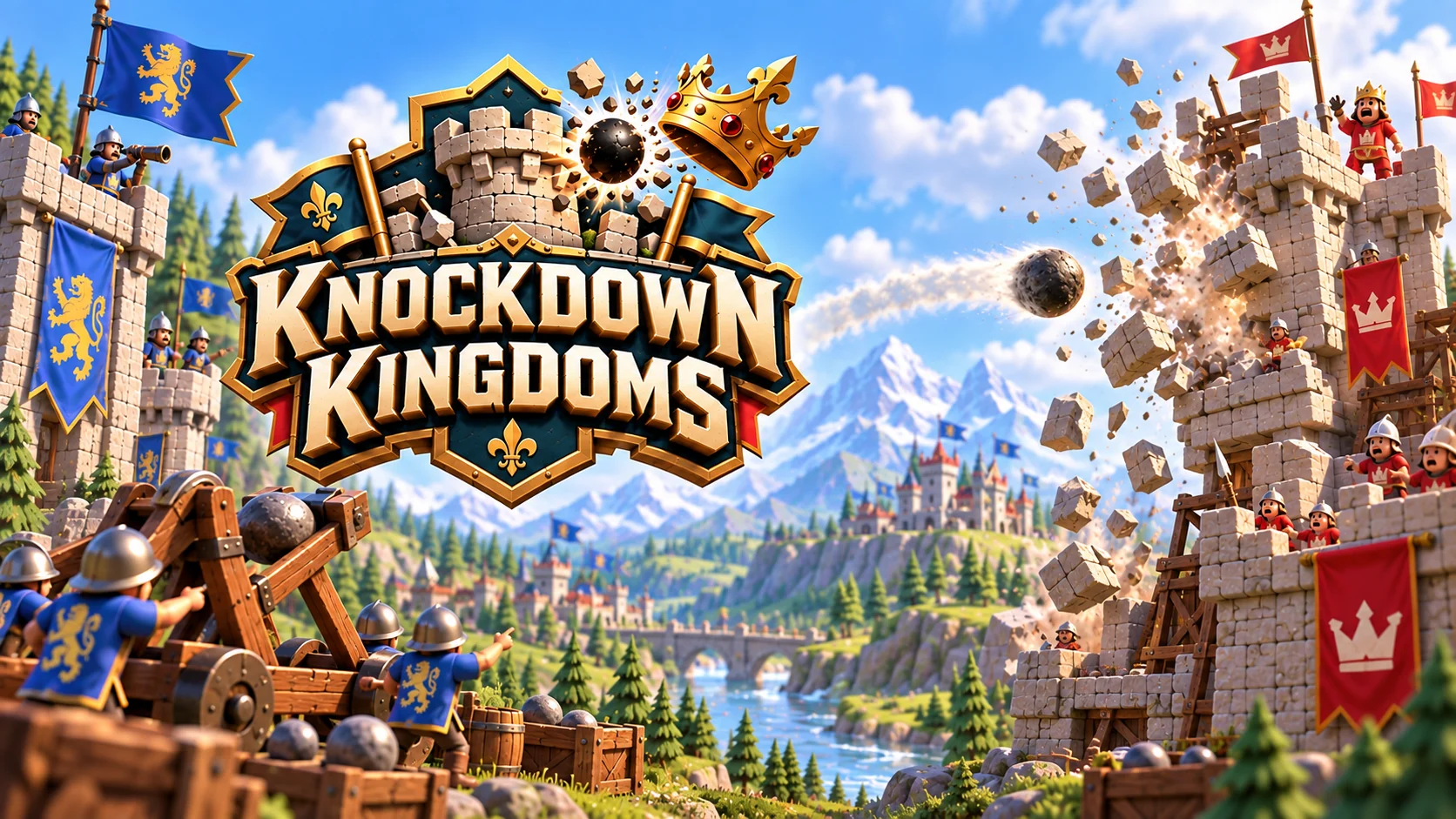 Knockdown Kingdoms artwork: blue and red kingdoms exchange cannon fire as a crown flies above the castles.