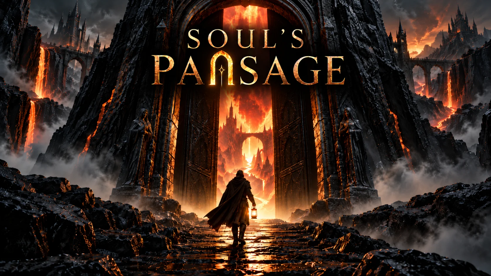 Soul’s Passage artwork: a traveler approaches a fiery gate in a dark volcanic kingdom.